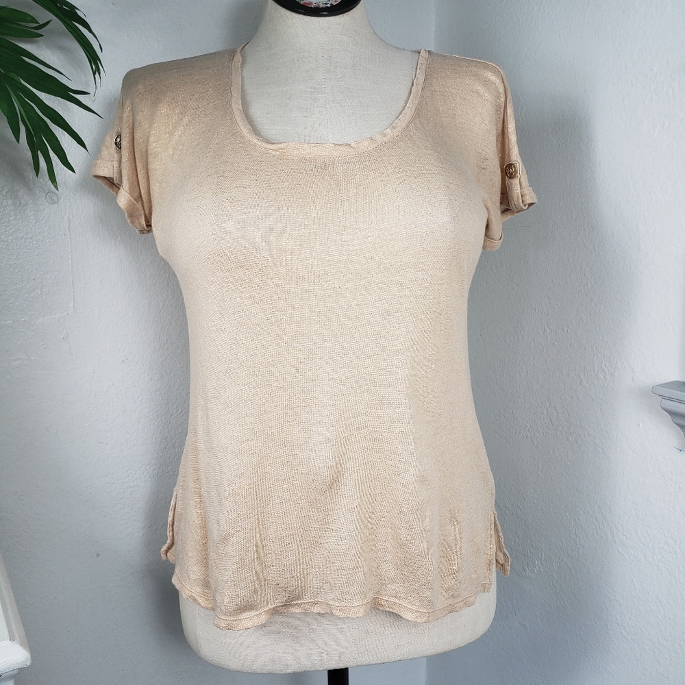Lilly Pulitzer Tan Glitter Fluttery Trim Scoop Neckline Pullover Linen sz Small